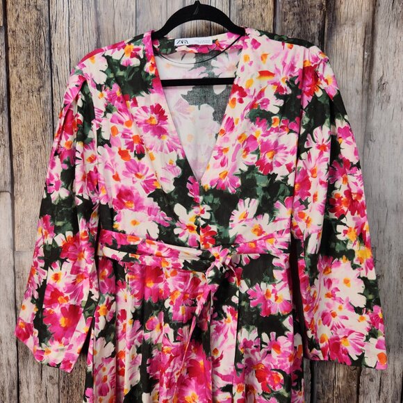 ZARA Pink Floral Print Midi Belted Dress - M - Picture 5 of 15